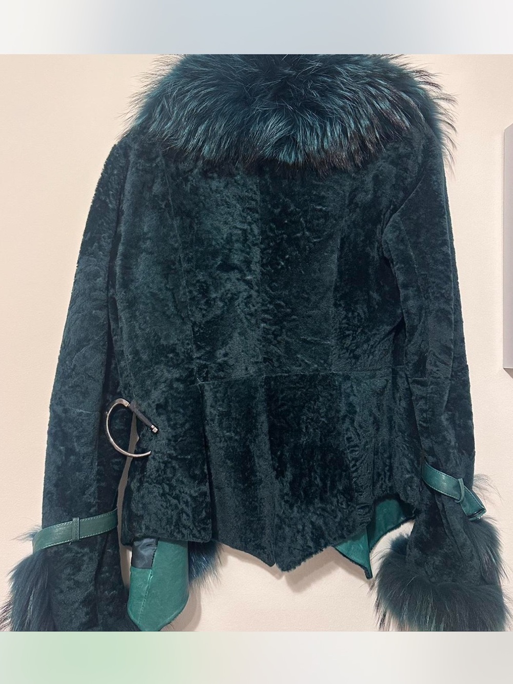 Teal Fox Fur Trim Women’s Jacket - Picture 2 of 5